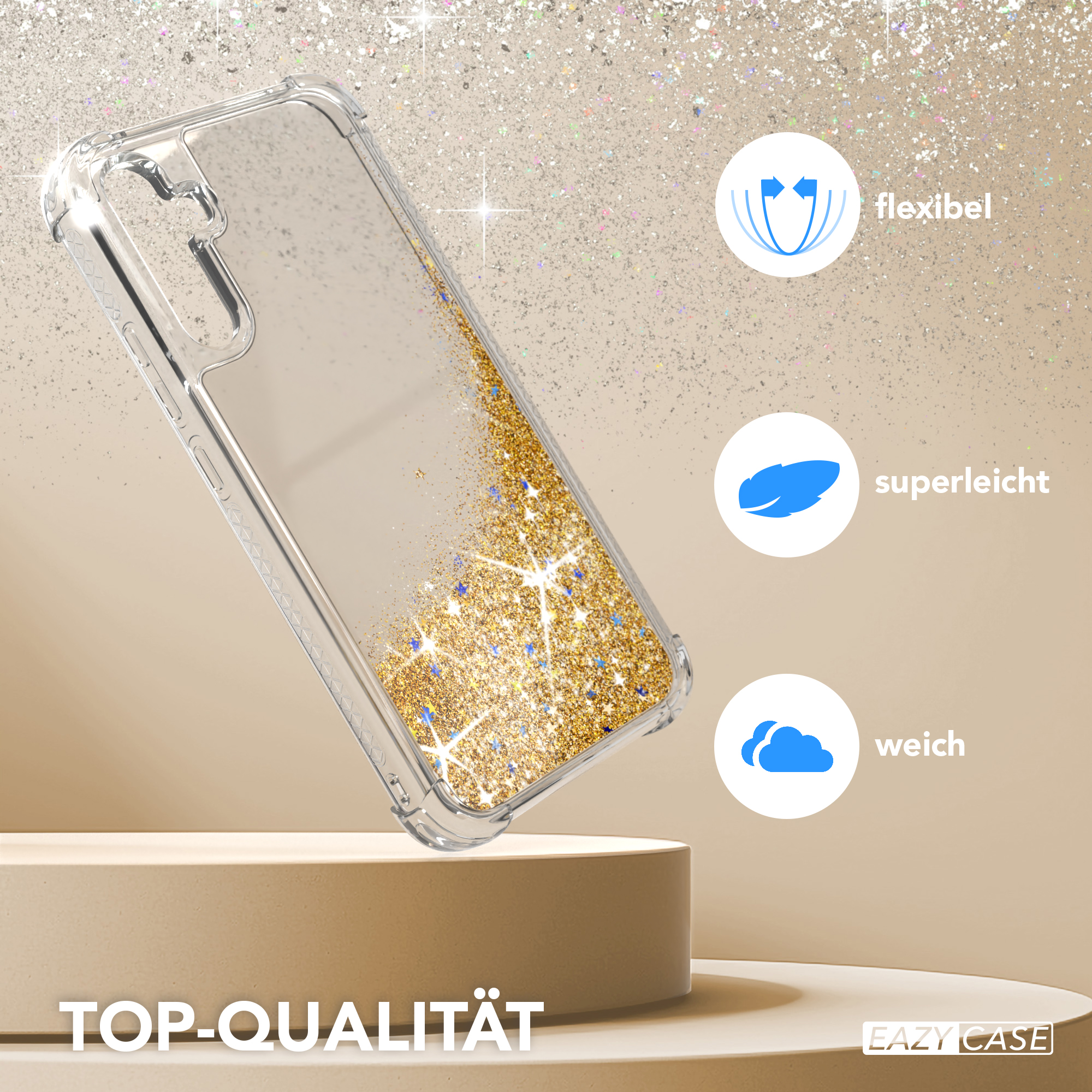 Transparente Handyhülle mit Goldglitter. Die Hülle hat Symbole mit den Wörtern 'flexibel', 'superleicht' und 'weich'.