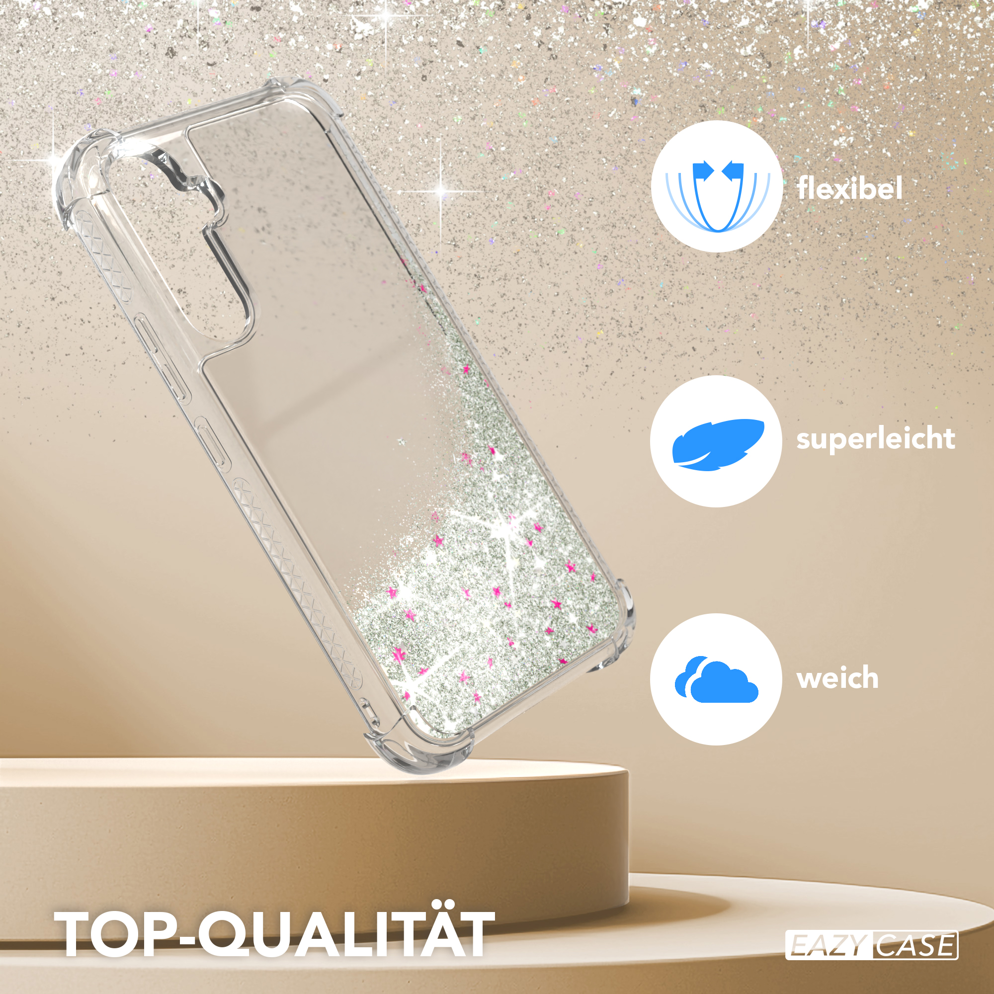 Transparente Handyhülle mit Glitzer. Es hat flexible, superleichte und weiche Eigenschaften. Beiger Hintergrund.