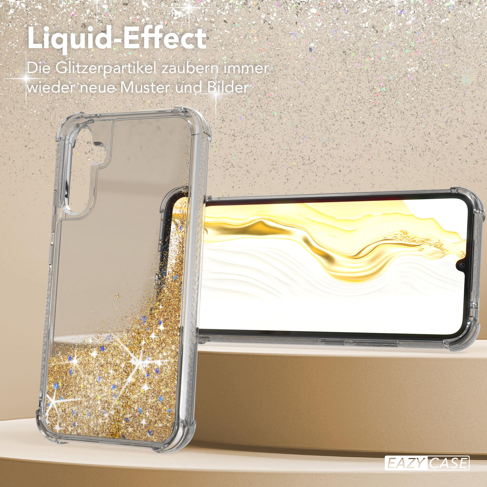 Eine Handyhülle mit Flüssigkeit und Glitzer. Sie hat einen Goldglitzereffekt und ist transparent.