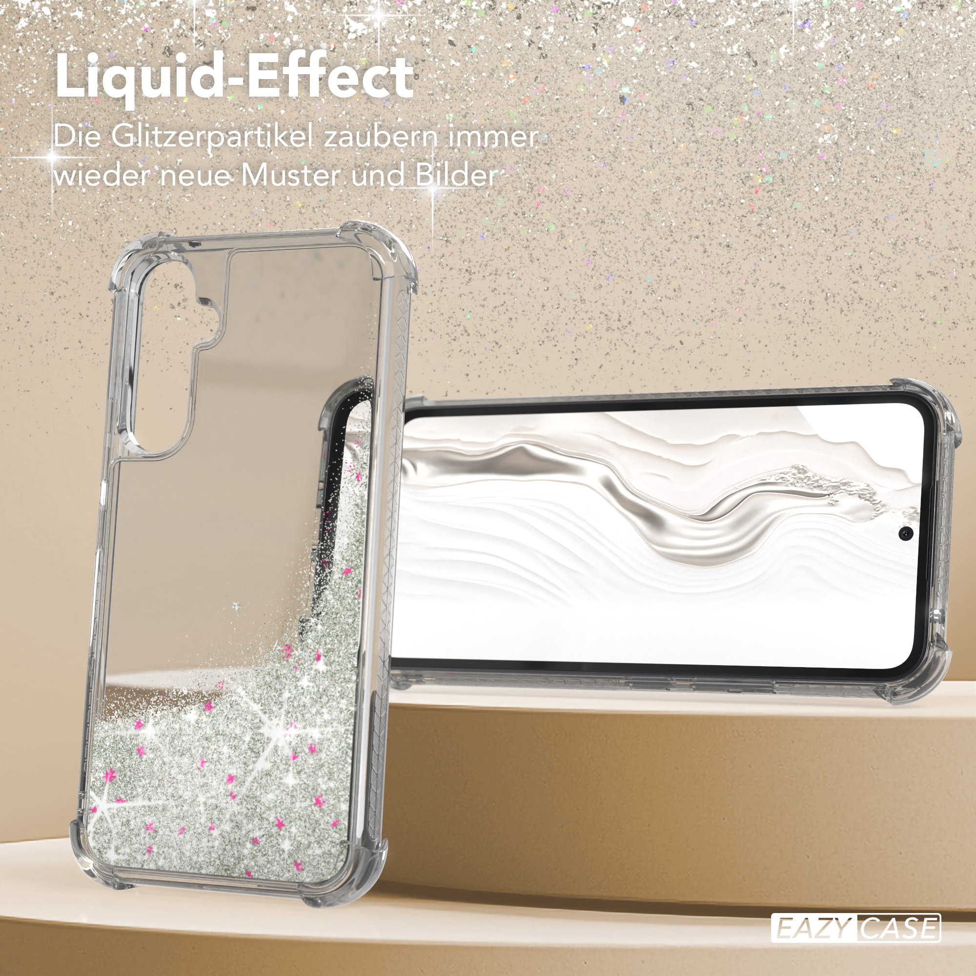 Eine durchsichtige Handyhülle mit Flüssigkeitsglitter, die ein Telefon darin zeigt. Text sagt 'Liquid-Effect' und 'EAZY CASE'.