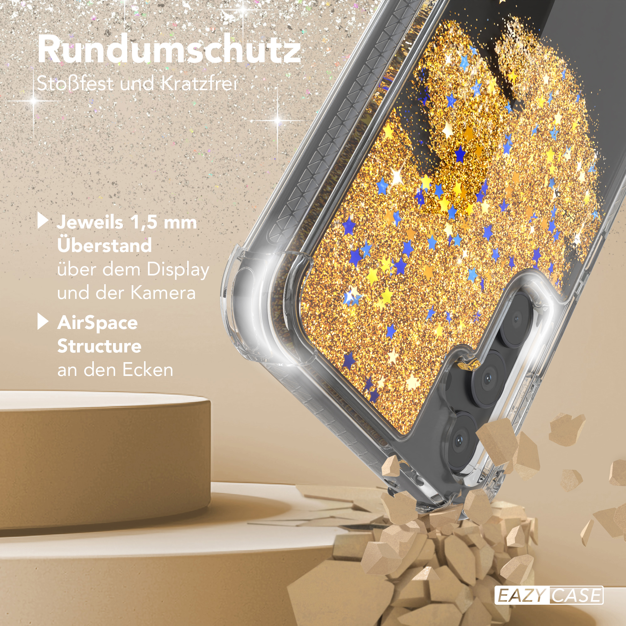Glitzernde Handyhülle mit goldenen und blauen Sternen, Text: 'Rundumschutz'.