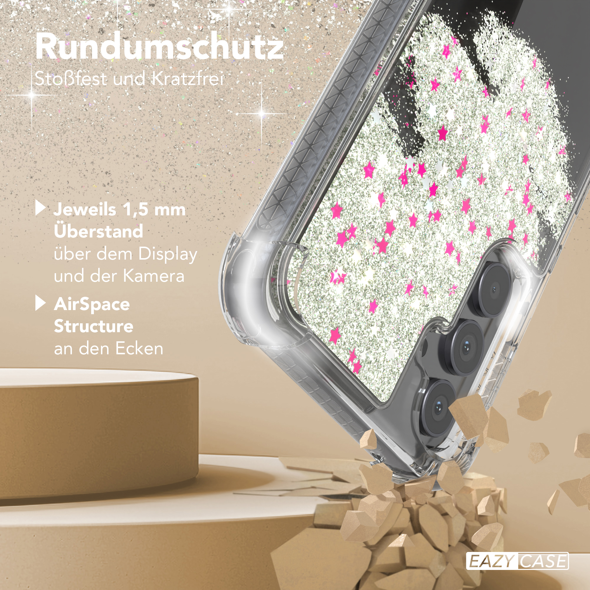 Ein Telefon in einer transparenten Hülle mit rosa Sternen auf beigem Hintergrund. Text auf Deutsch.