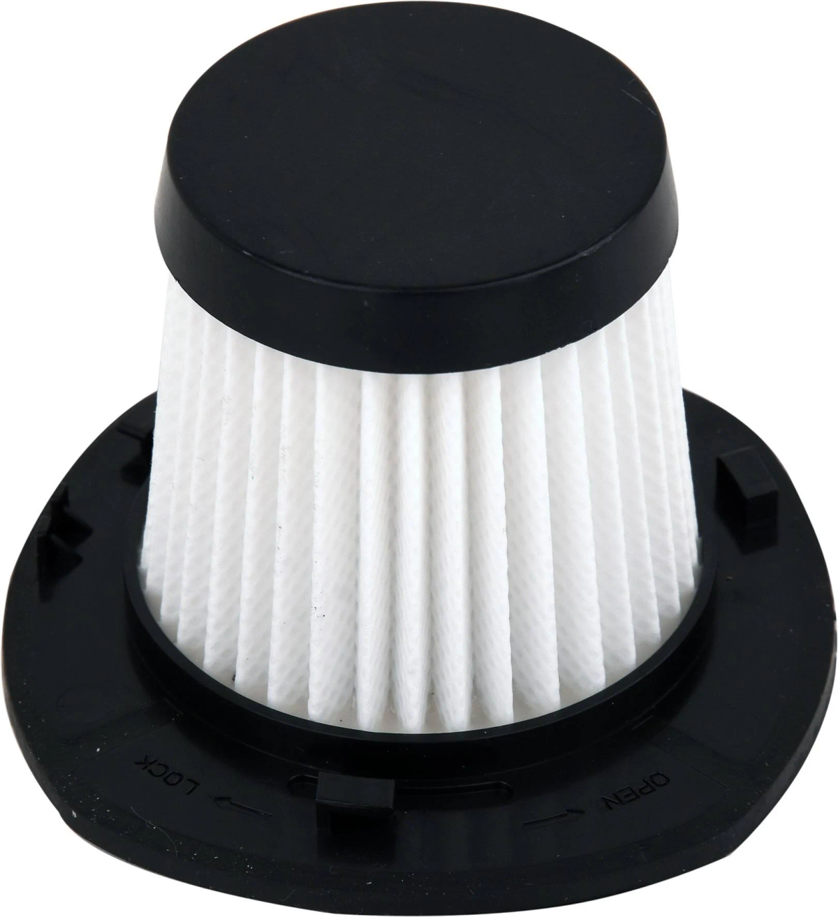 Filtro per aspirapolvere con parte superiore e base nere, materiale filtrante bianco pieghettato.