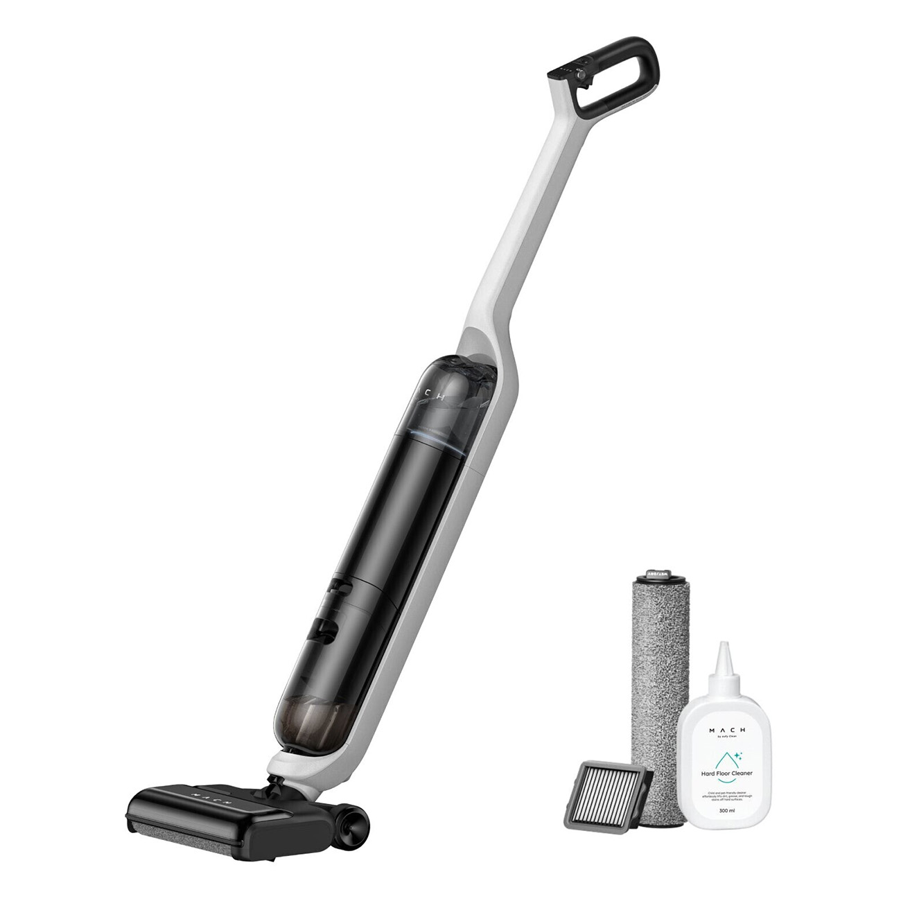 Wit-zwarte stofzuiger met accessoires, waaronder reinigingsvloeistof.