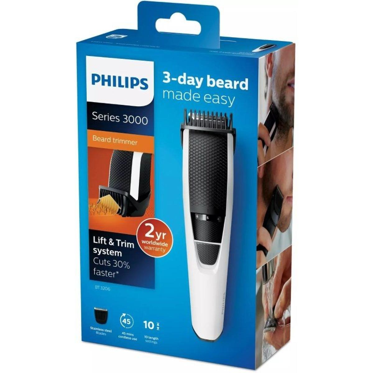 Philips sakal kesme makinesi kutusu. Kesme makinesini, metni gösterir: '3 günlük sakal kolay', ve bir garanti etiketi.