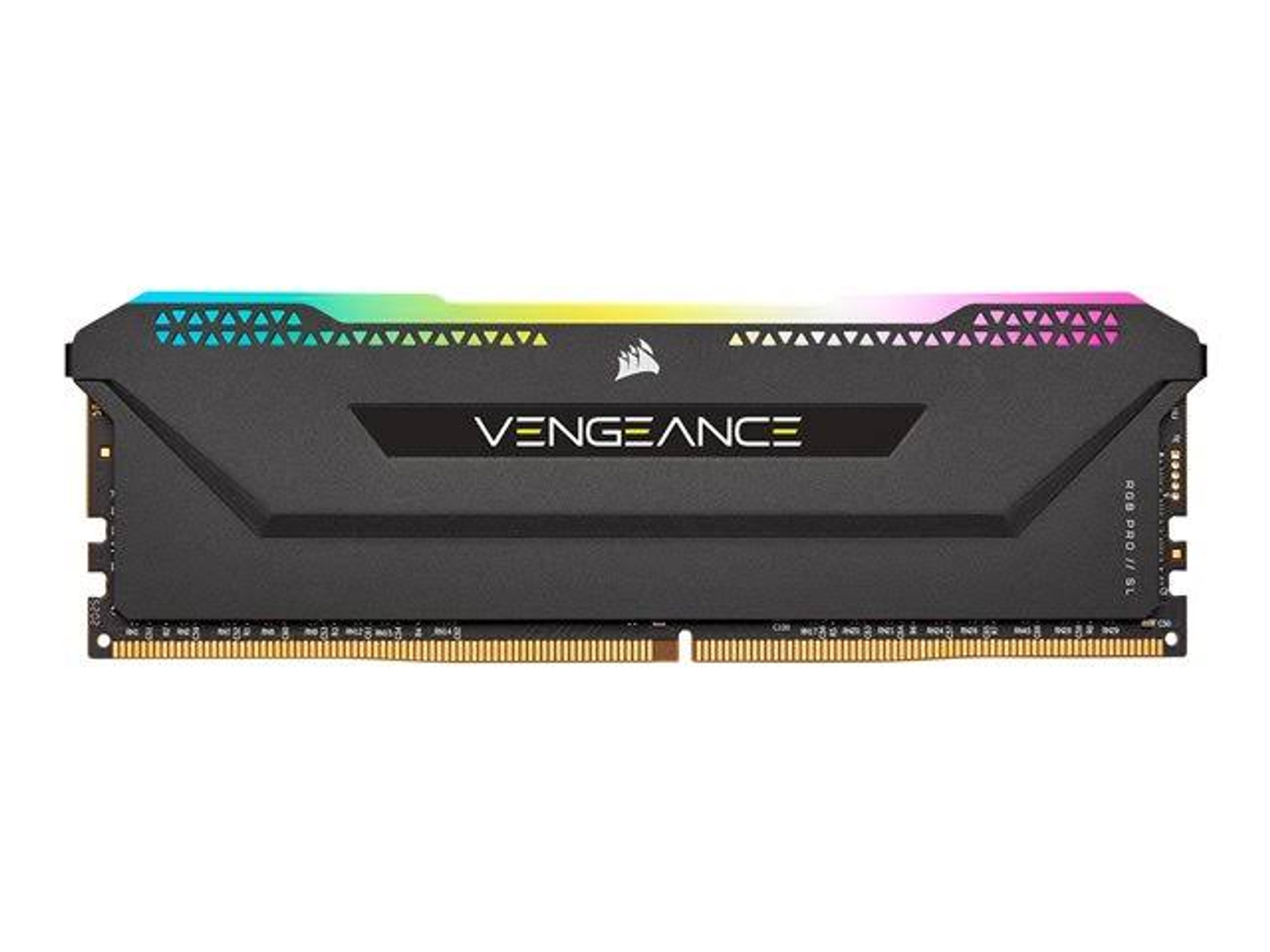 Un módulo de memoria RAM negro con luces RGB coloridas y la palabra 'VENGEANCE'.