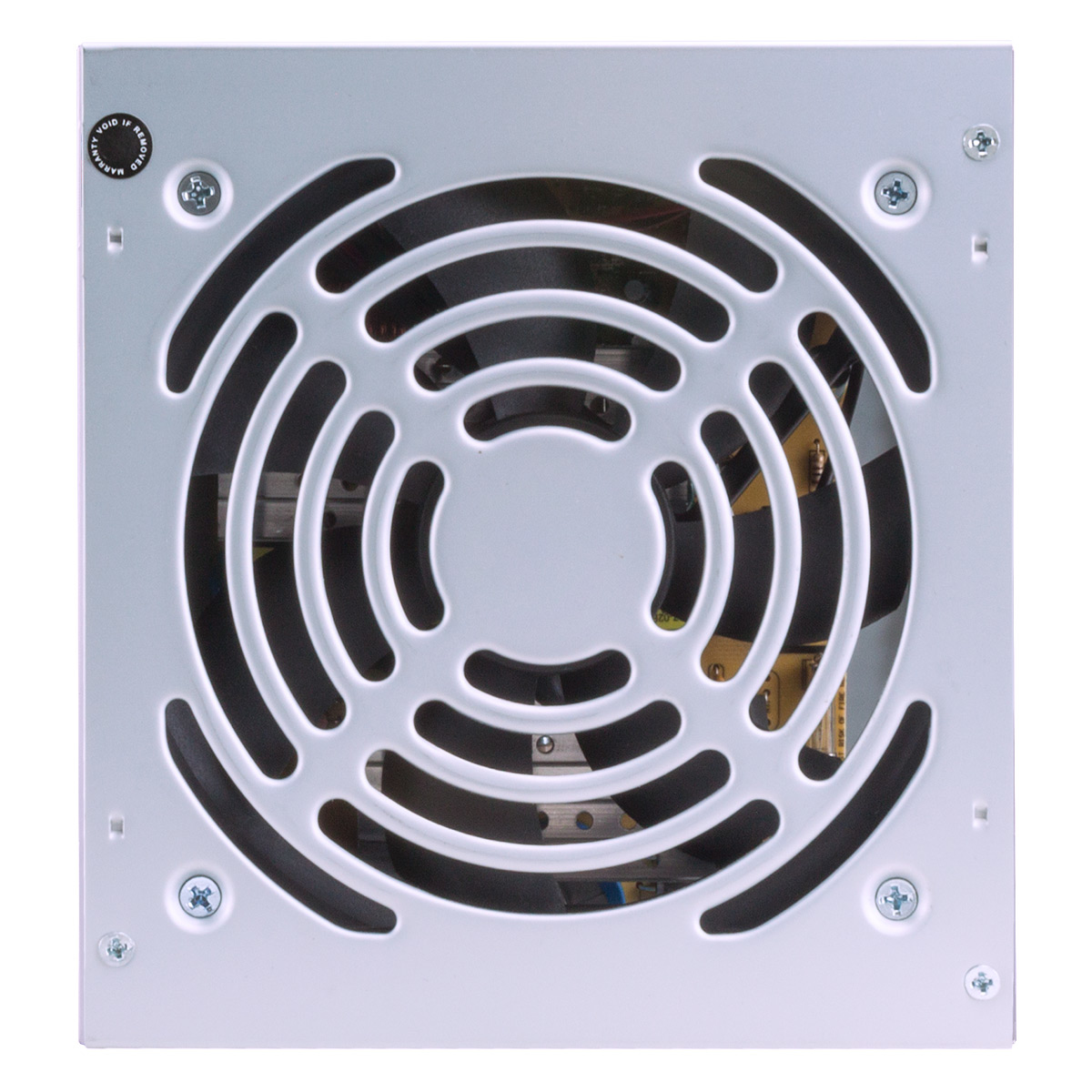 Srebrny zasilacz komputera z wentylatorem. Białe tło.