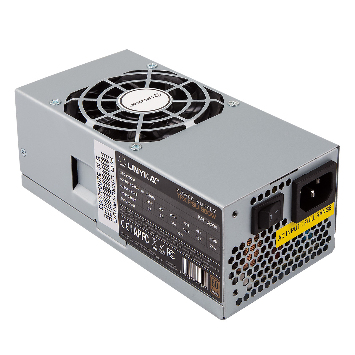 Alimentatore per computer argento con ventola, etichette e connettori.