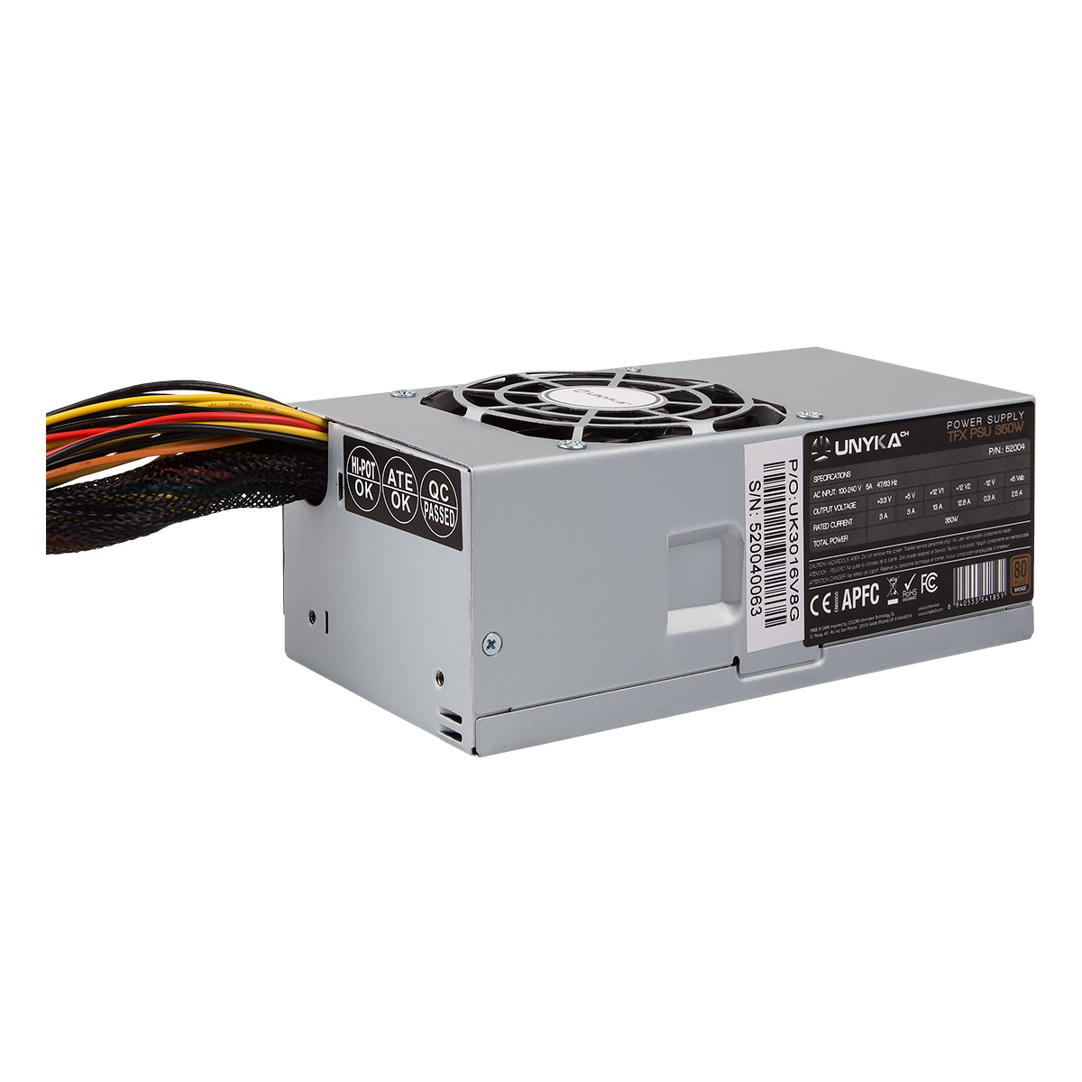 Alimentatore per computer argentato con etichette e ventola.