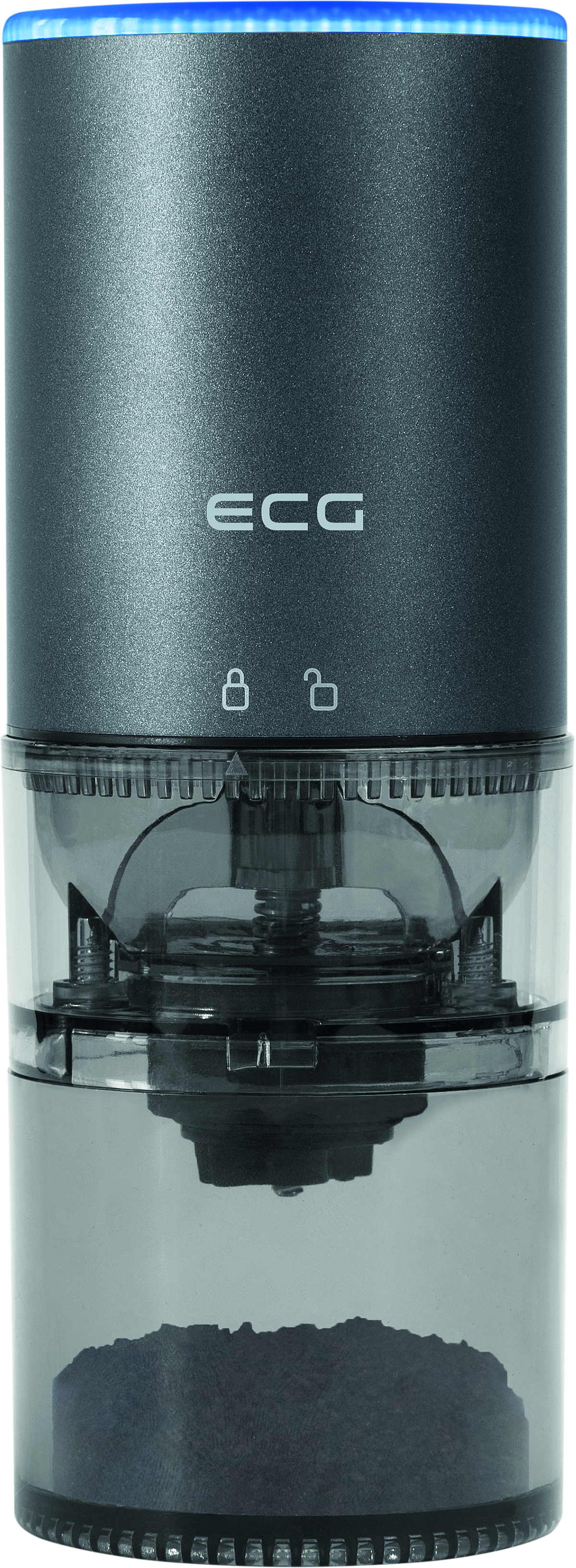 Graue ECG-Kaffeemühle mit transparentem Behälter, der teilweise mit gemahlenem Kaffee gefüllt ist.