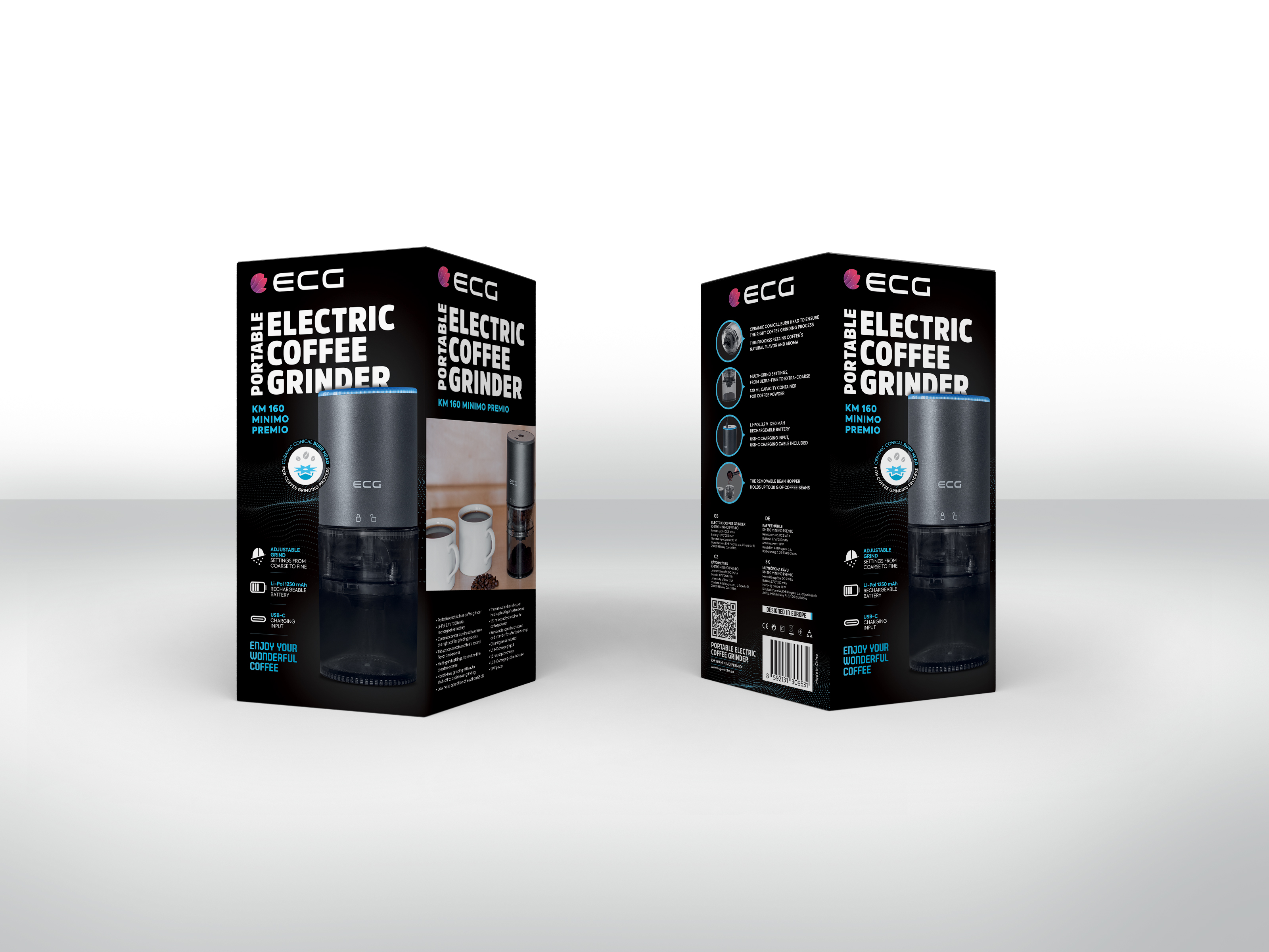 Verpackung für elektrische ECG-Kaffeemühle. Enthält ein Bild der Mühle, Produktdetails und Branding-Elemente.