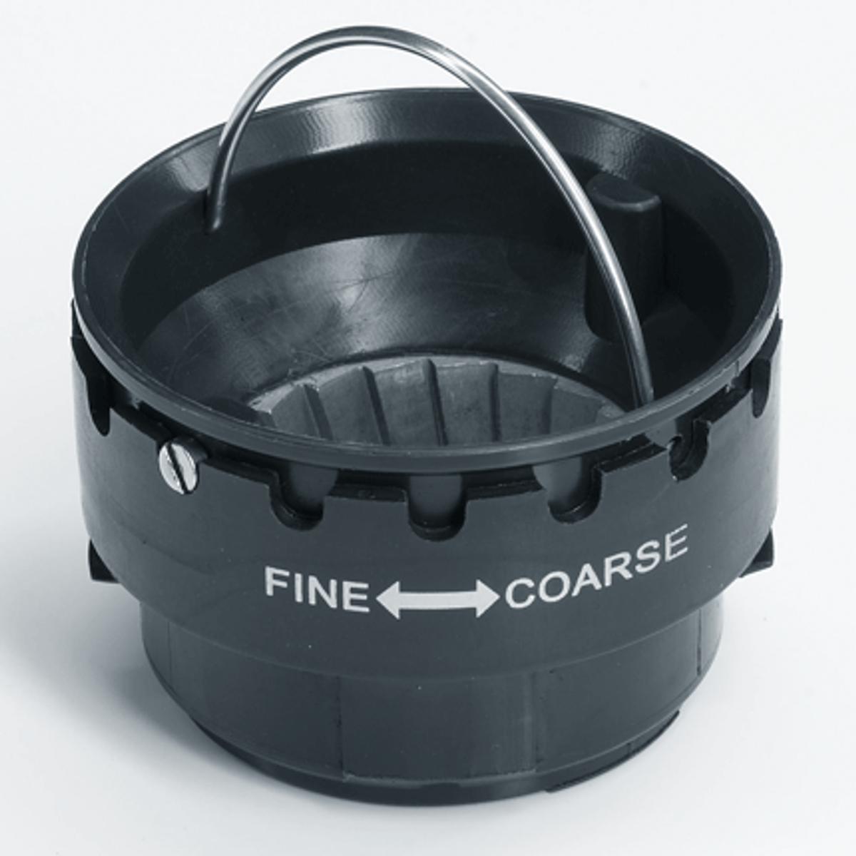 Czarna głowica szlifierki z uchwytem. Tekst wskazuje ustawienia dla drobnego i grubego mielenia.