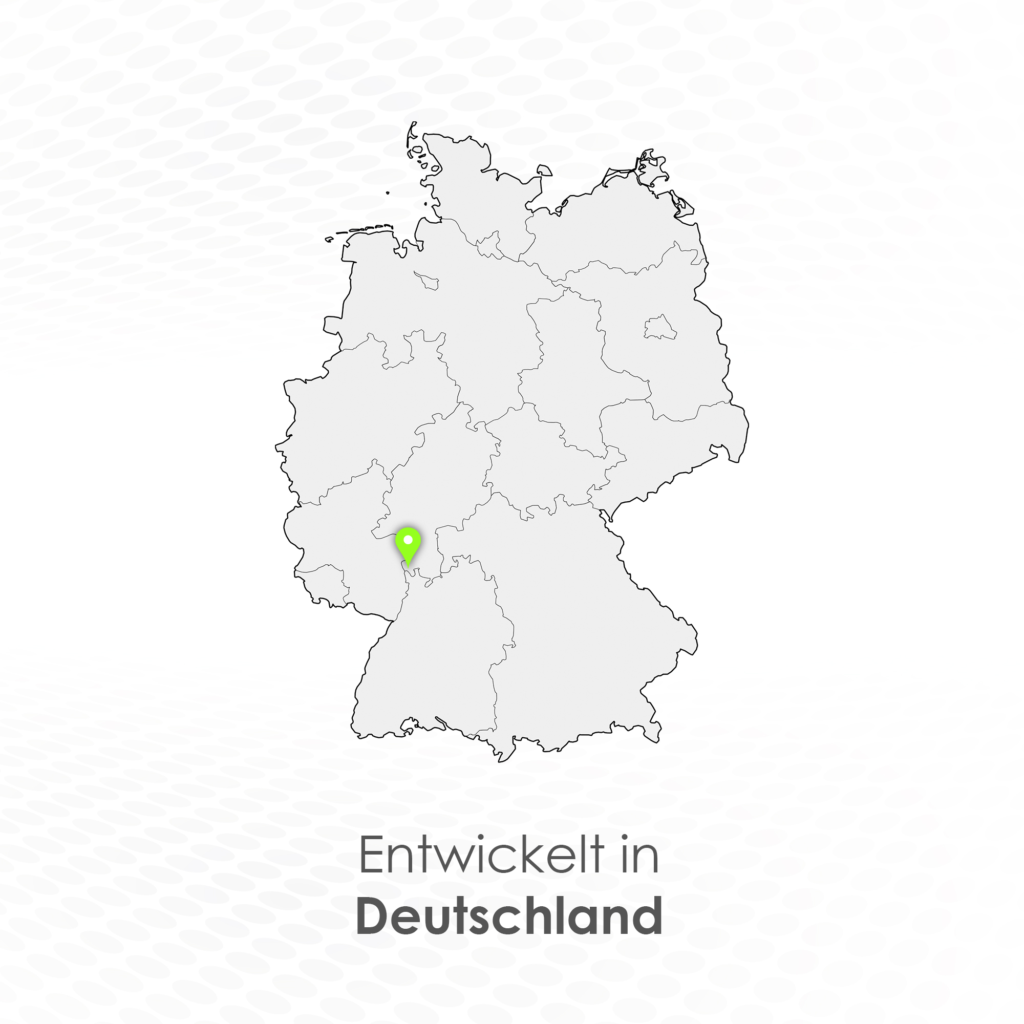 Eine Deutschlandkarte mit grünem Punkt, Text 'Entwickelt in Deutschland'.