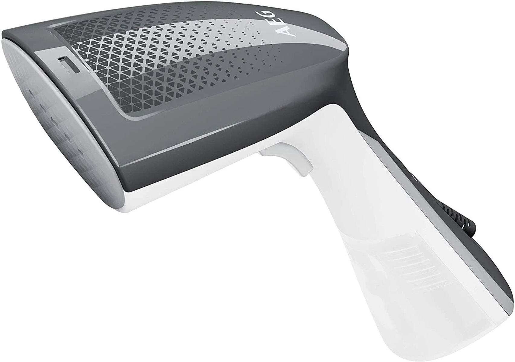 Stiratrice portatile a vapore. Colore grigio e bianco. Logo AEG visibile. Sfondo bianco.