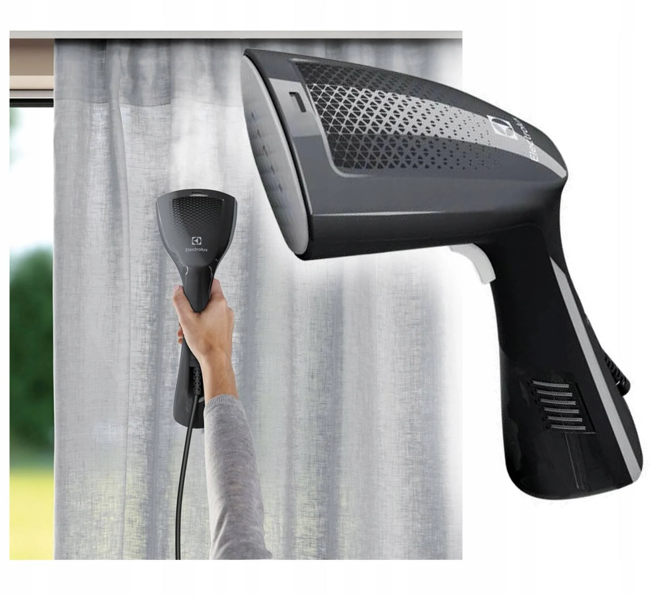 Una persona tiene in mano un vaporizzatore Electrolux nero, che vaporizza una tenda. Un altro vaporizzatore è visibile.