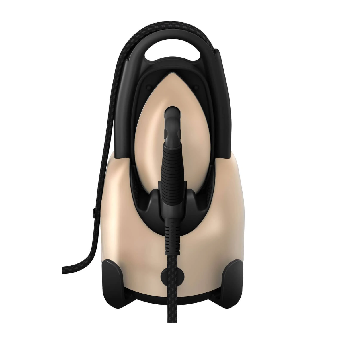Ein beige-schwarzes Bügeleisen steht aufrecht. Das Kabel ist schwarz. Das Bügeleisen befindet sich in einer Halterung.