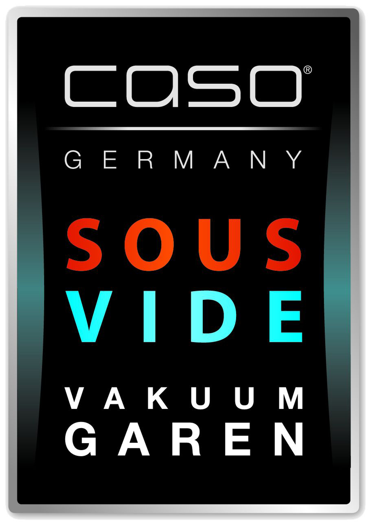 Een Caso Sous Vide vacuüm kooktoestel label met witte en rode tekst op een zwarte achtergrond.