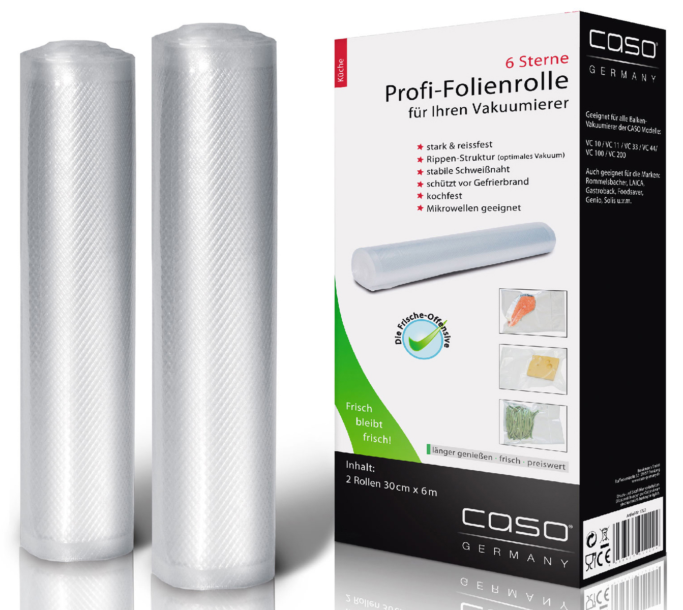 Two rolls of clear plastic vacuum sealing bags are next to a box on a white background.