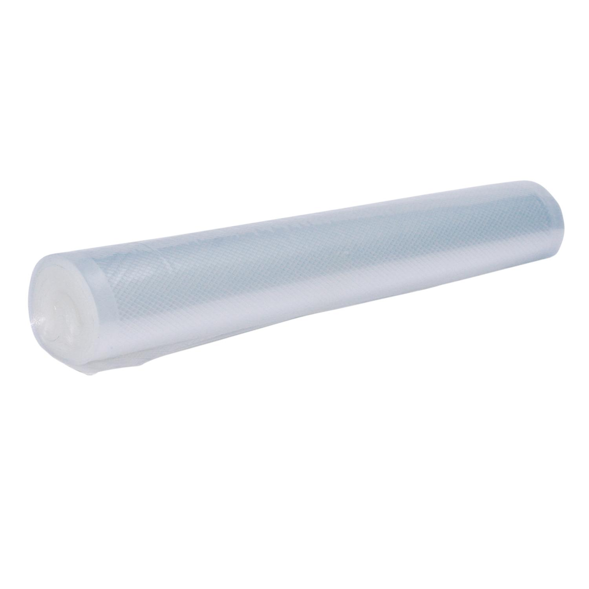 A roll of clear plastic vacuum sealing bags on a white background, angled from the lower left to the upper right.