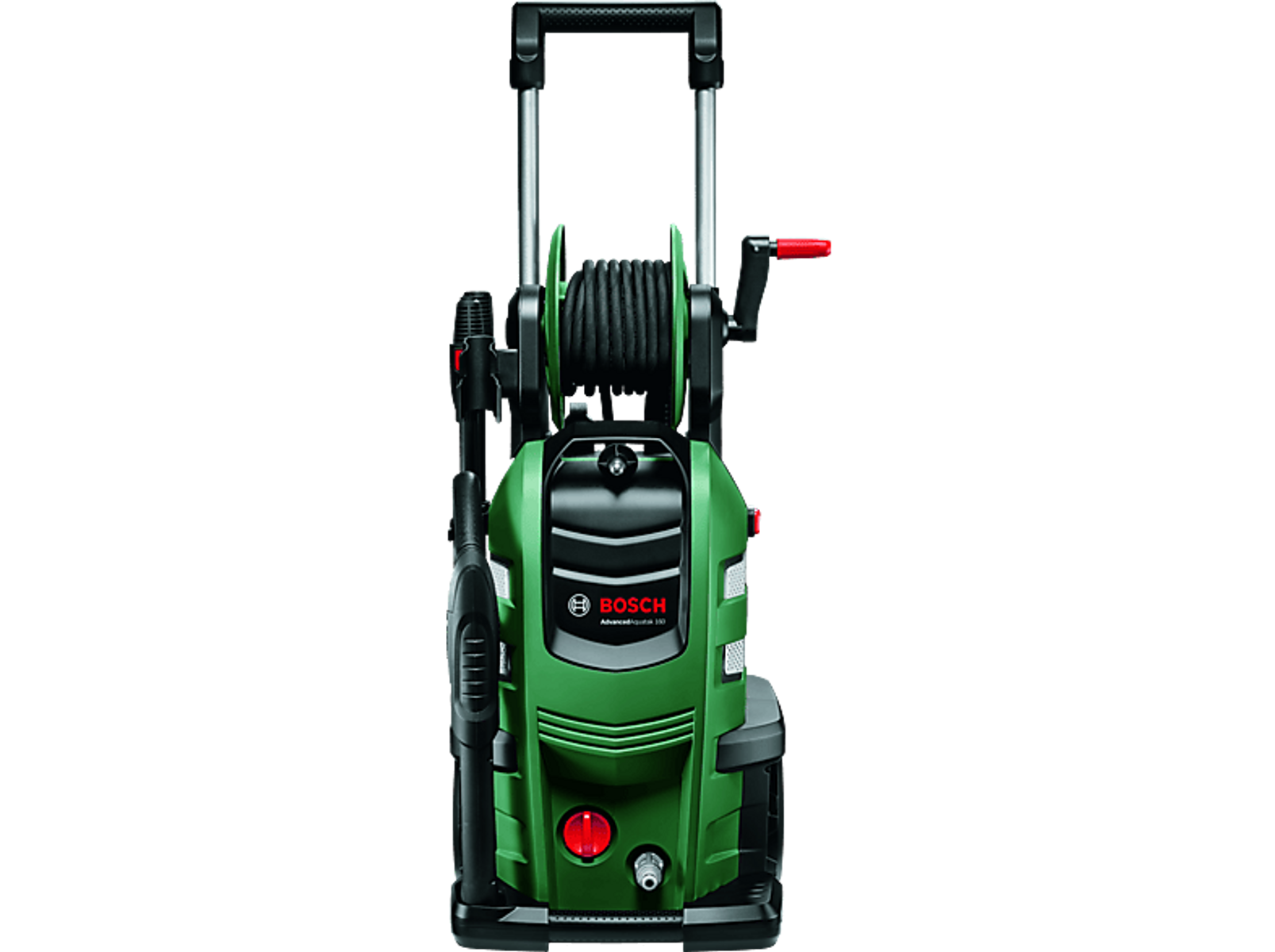 Un nettoyeur haute pression Bosch vert et noir sur fond noir, montrant le devant.