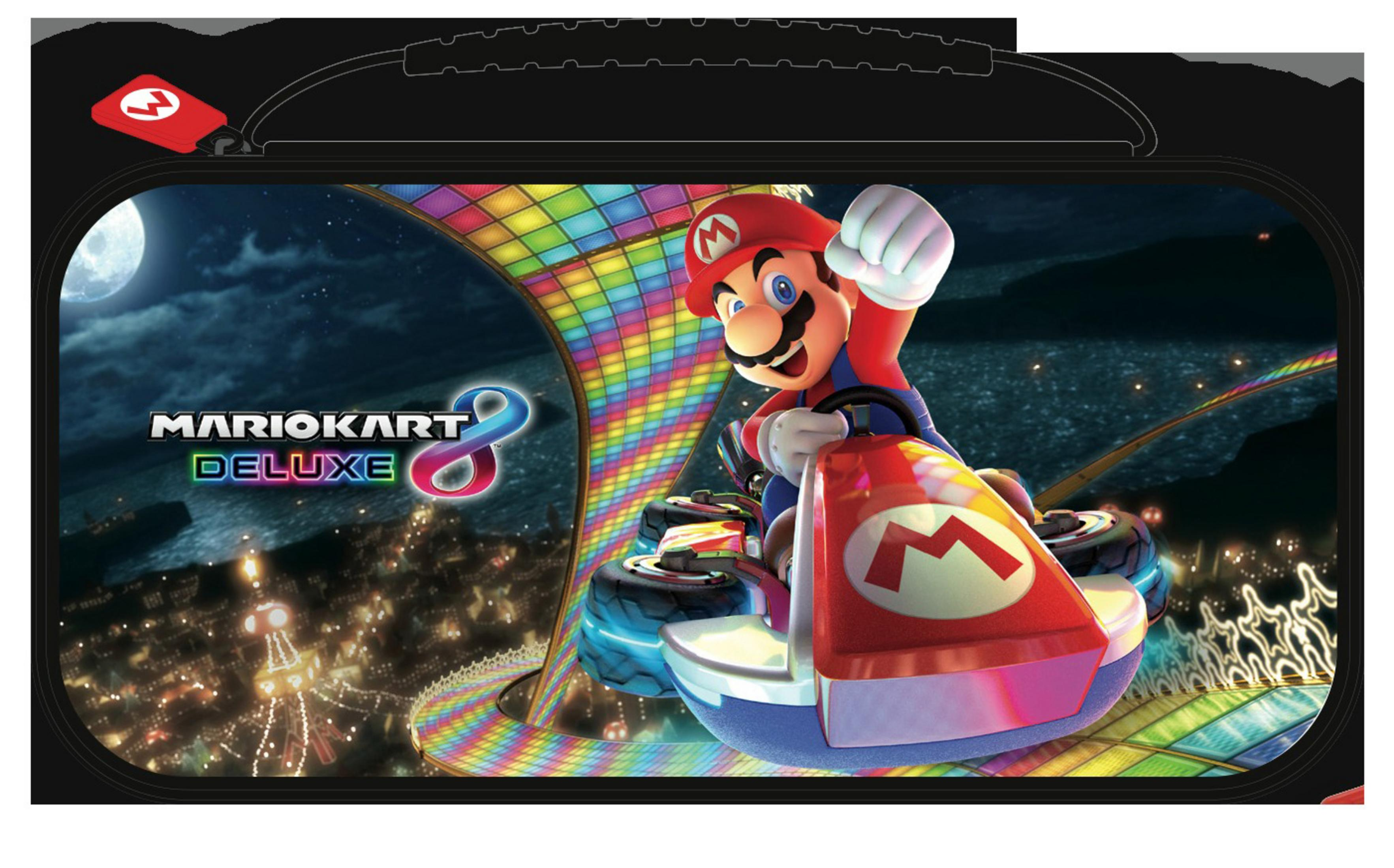 Mario Kart 8 Deluxe Spielbox, mit Mario beim Rennen, auf schwarzem Hintergrund.