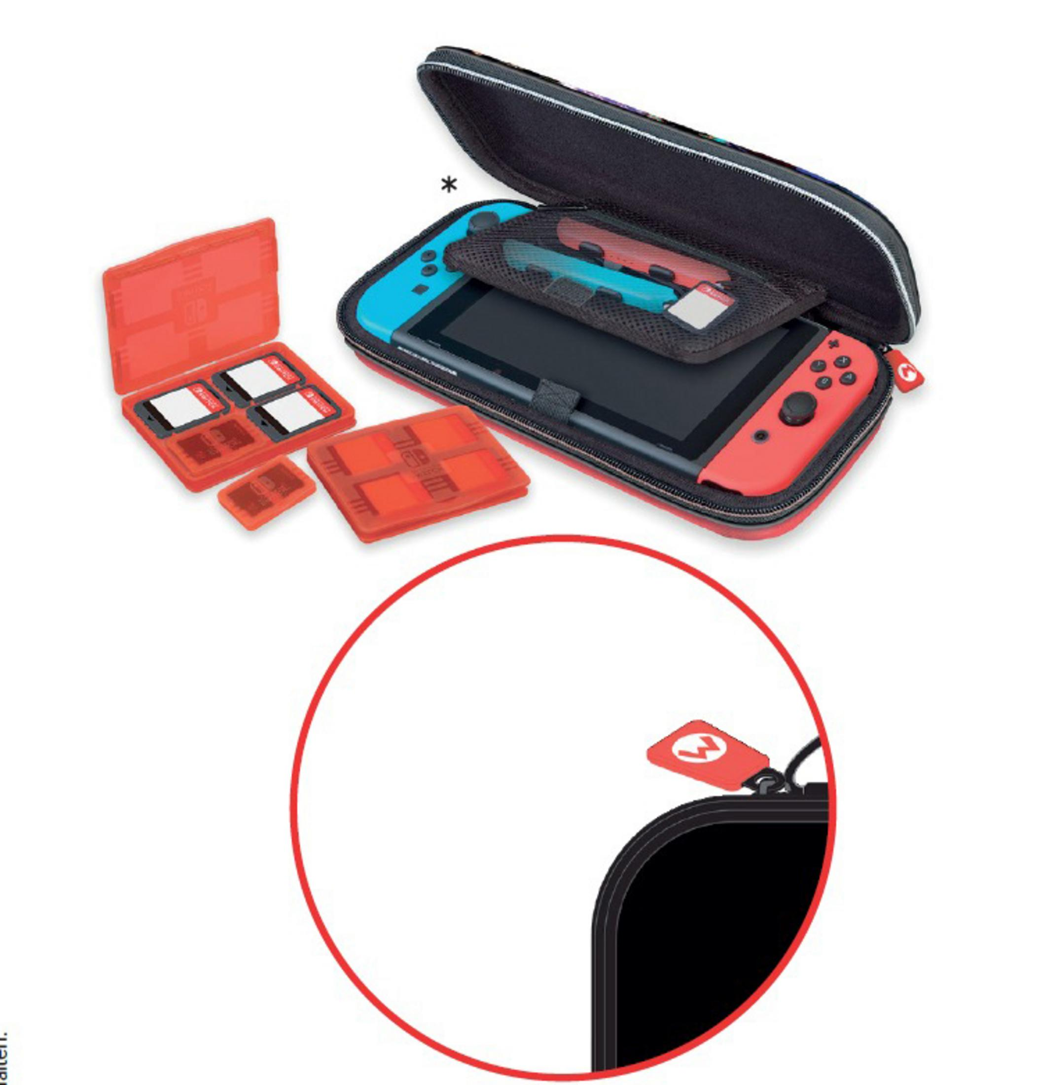 Eine Nintendo Switch-Konsole mit Zubehör in einem Etui.