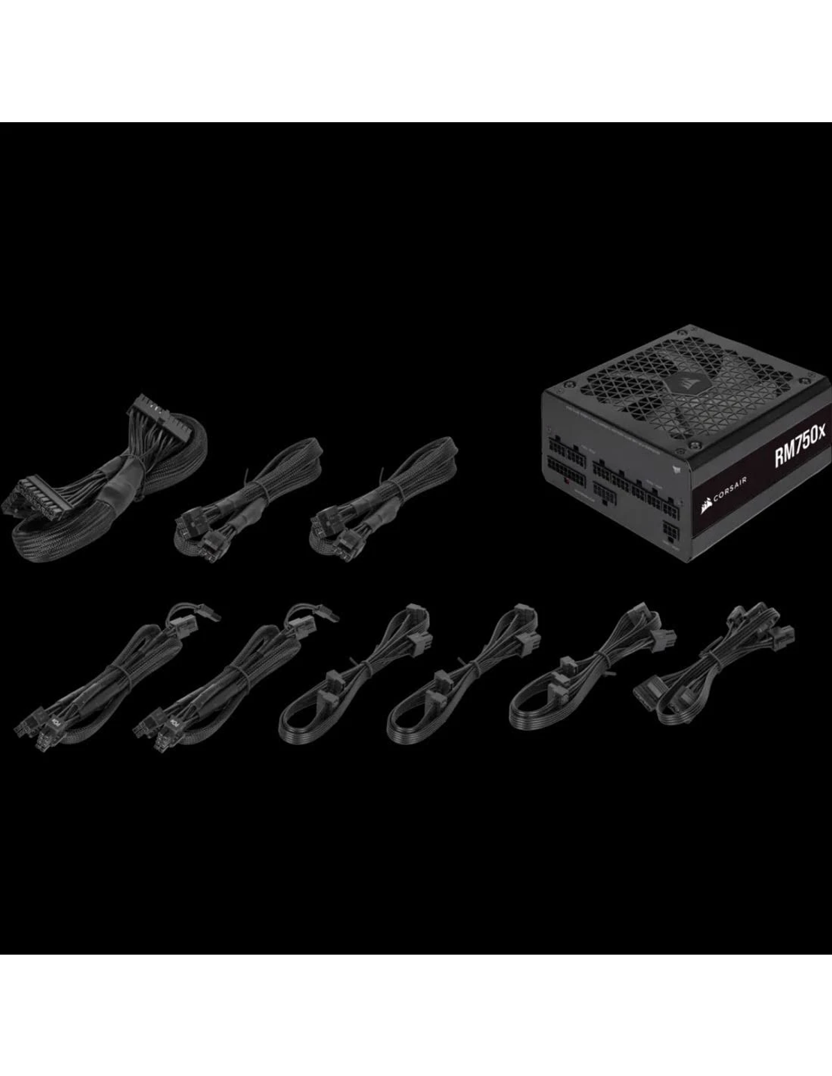 Un set di cavi di alimentazione per PC neri e un alimentatore Corsair RM750x nero.