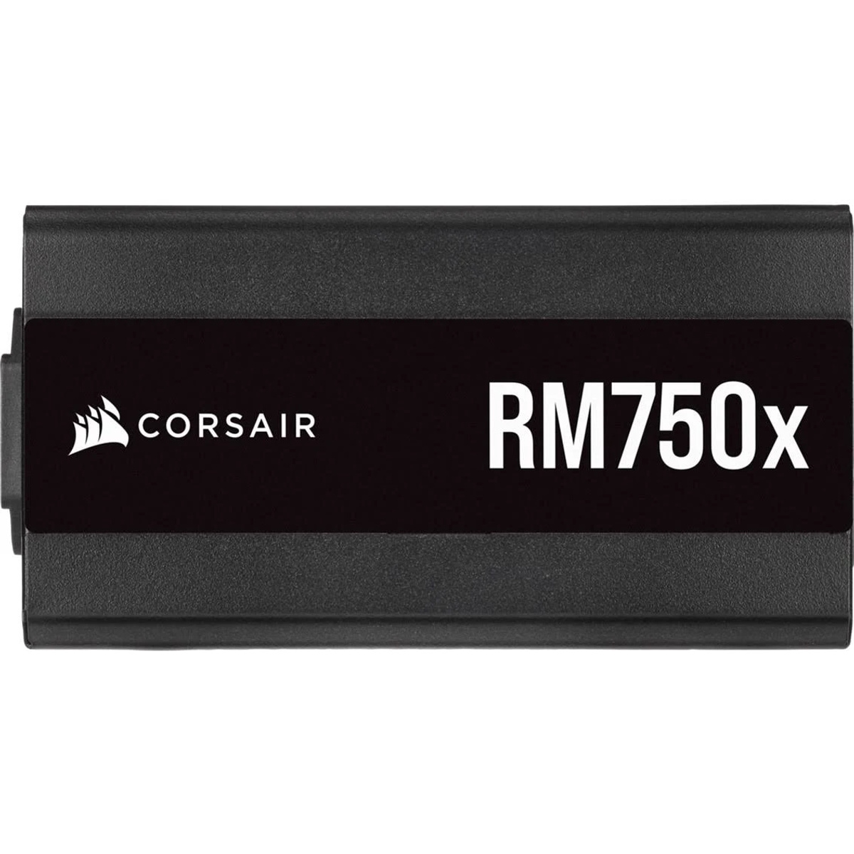Un alimentatore rettangolare nero con il testo 'CORSAIR RM750x' in bianco.