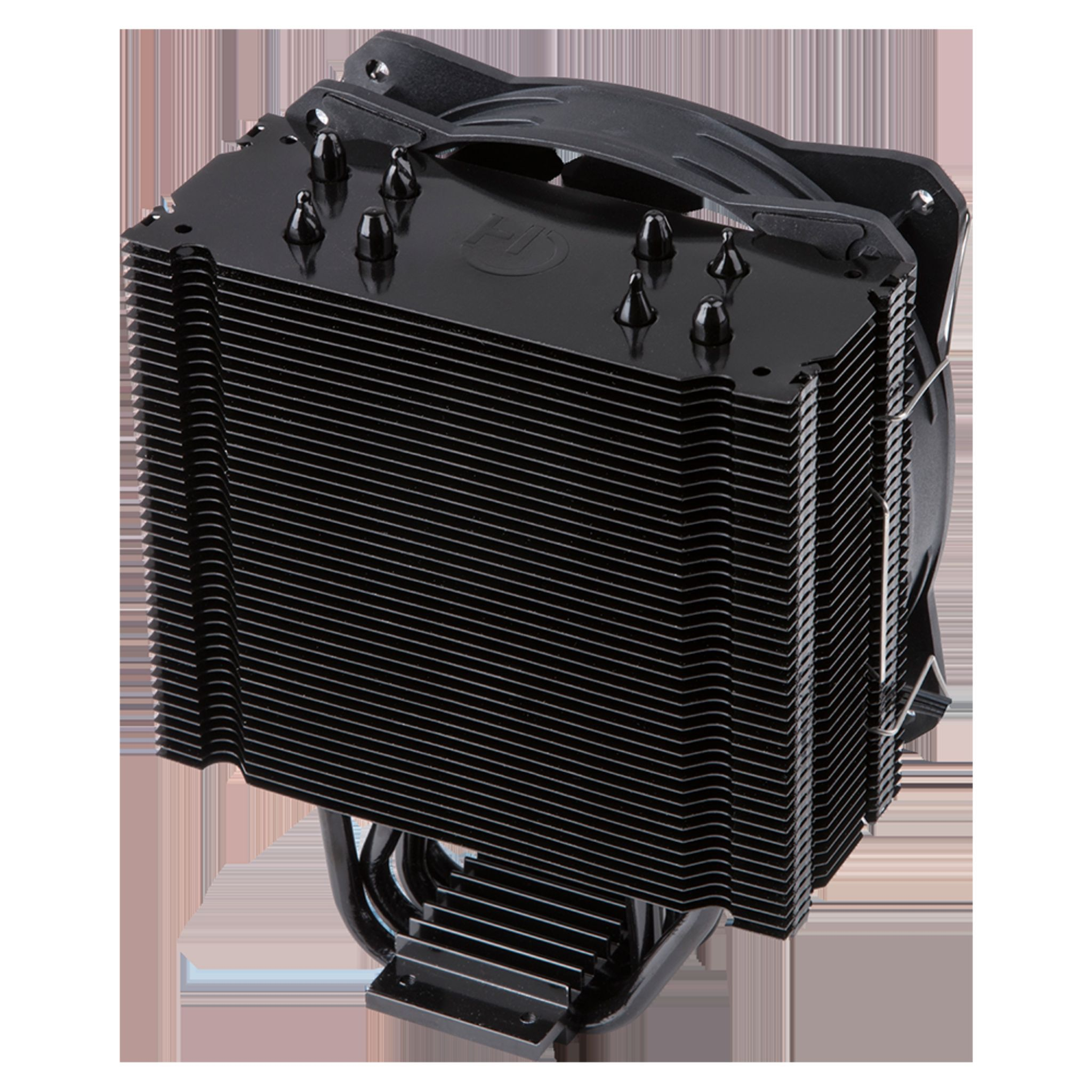 Un enfriador de CPU negro con múltiples aletas y un ventilador, diseñado para la refrigeración de computadoras.