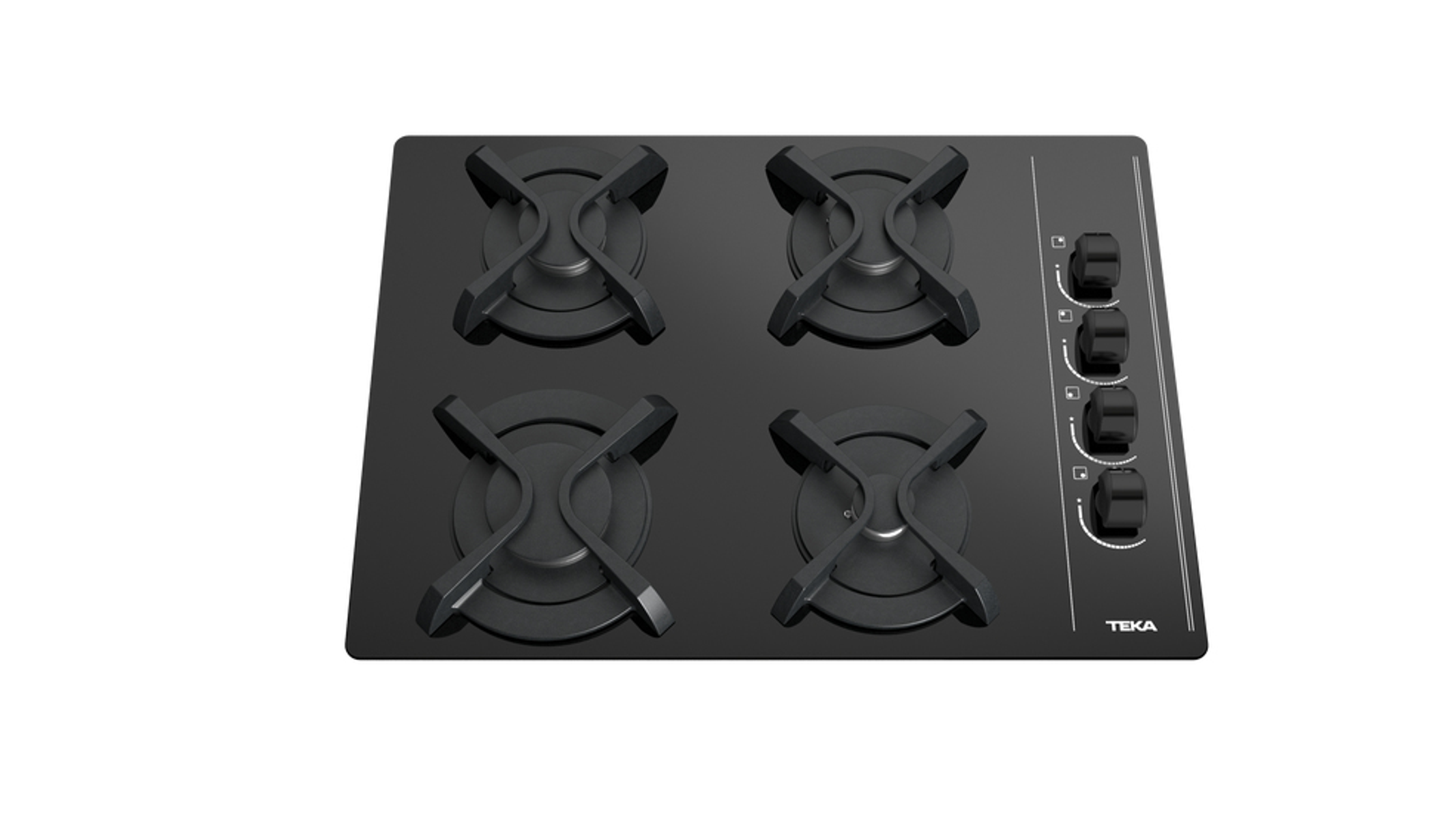 Czarna płyta gazowa z czterema palnikami i pokrętłami po prawej stronie.