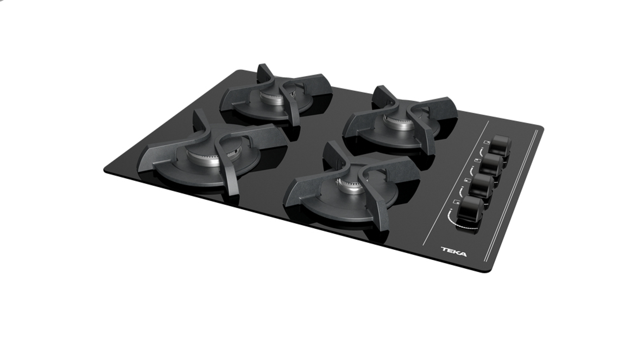 Czarna szklana płyta gazowa z czterema palnikami i pokrętłami sterowania.