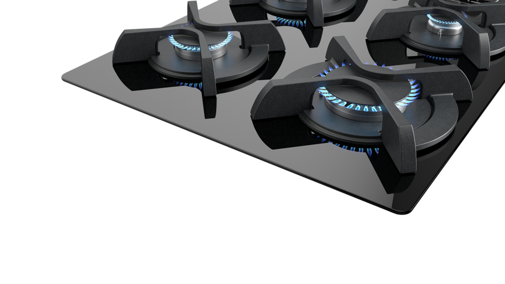 Czarna płyta gazowa z czterema palnikami. Widoczne niebieskie płomienie. Białe tło.