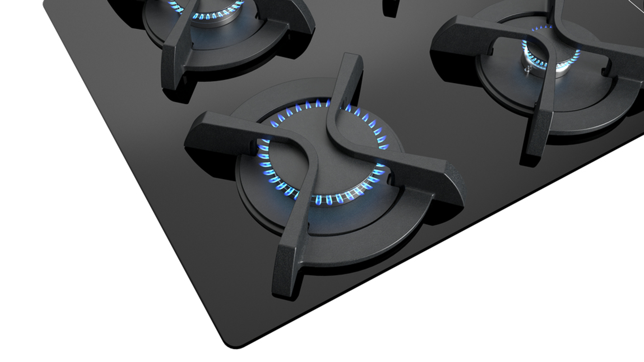 Zbliżenie czarnej płyty grzejnej z niebieskimi płomieniami wydobywającymi się z palników.