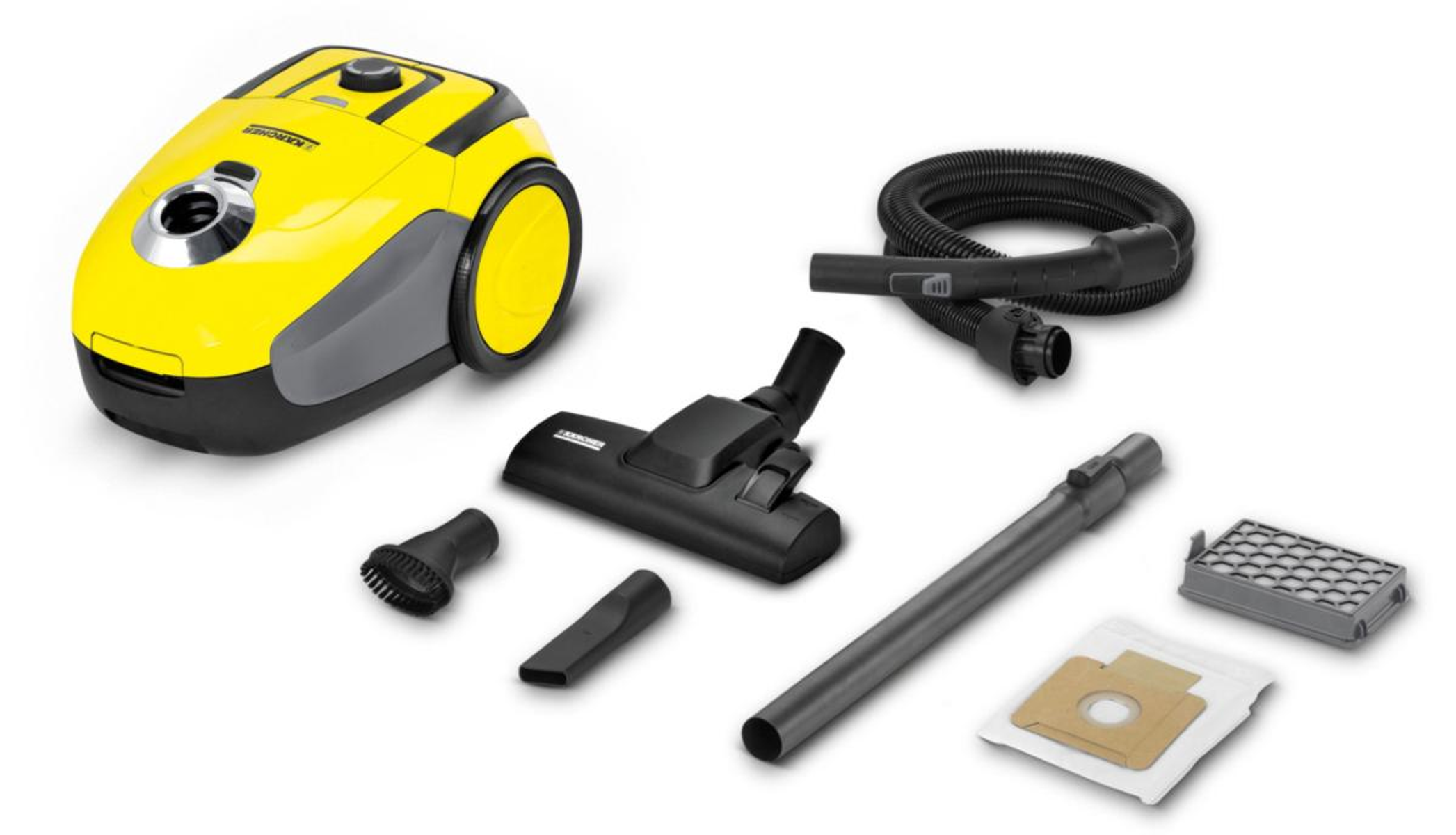 Un aspirapolvere giallo e nero con diversi accessori, disposti su sfondo bianco.