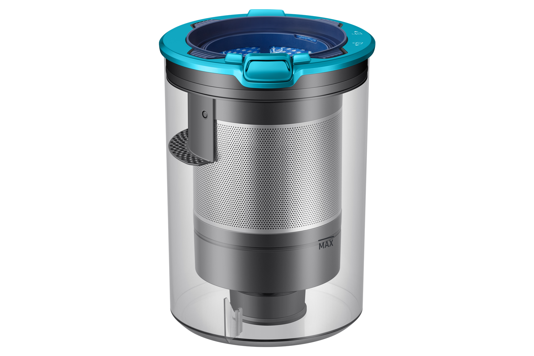 Contenitore trasparente con coperchio e filtro blu.