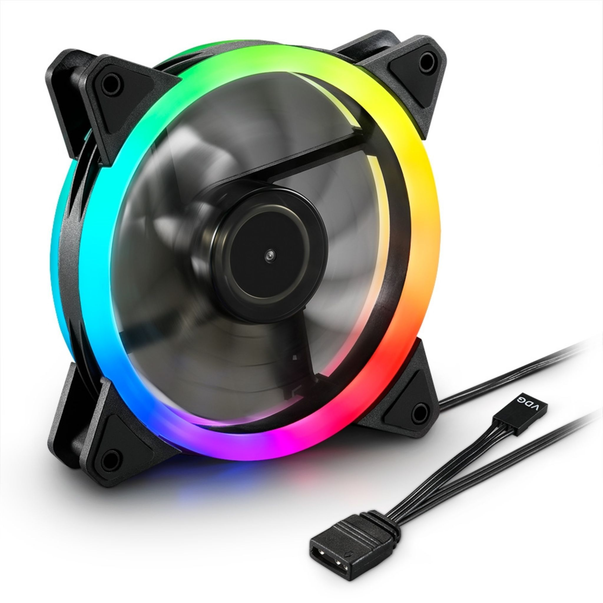 Una ventola per computer con luci RGB colorate. La ventola ha una cornice nera e un cavo di alimentazione.