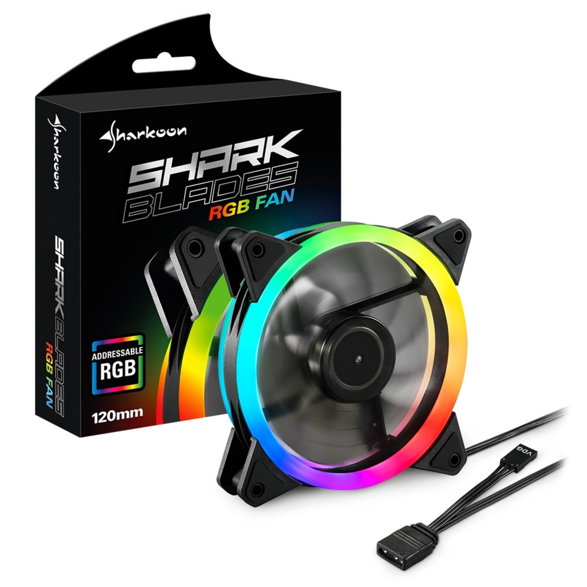 Ventola PC RGB con scatola nera. La ventola ha luci multicolore e telaio nero.