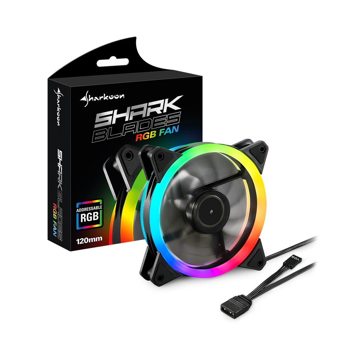 Ventola RGB con scatola nera. La ventola ha luci colorate. La scatola dice SHARK BLADES RGB FAN.