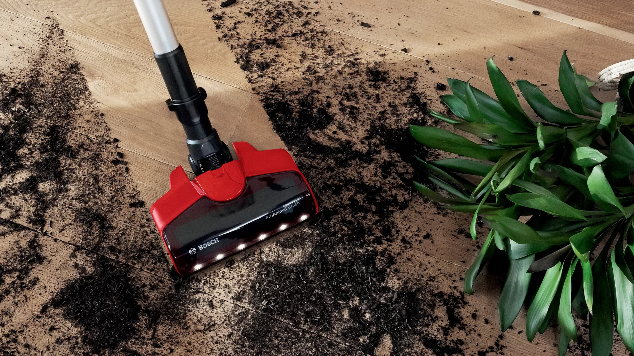 Głowica odkurzacza na drewnianej podłodze z brudem i rośliną.