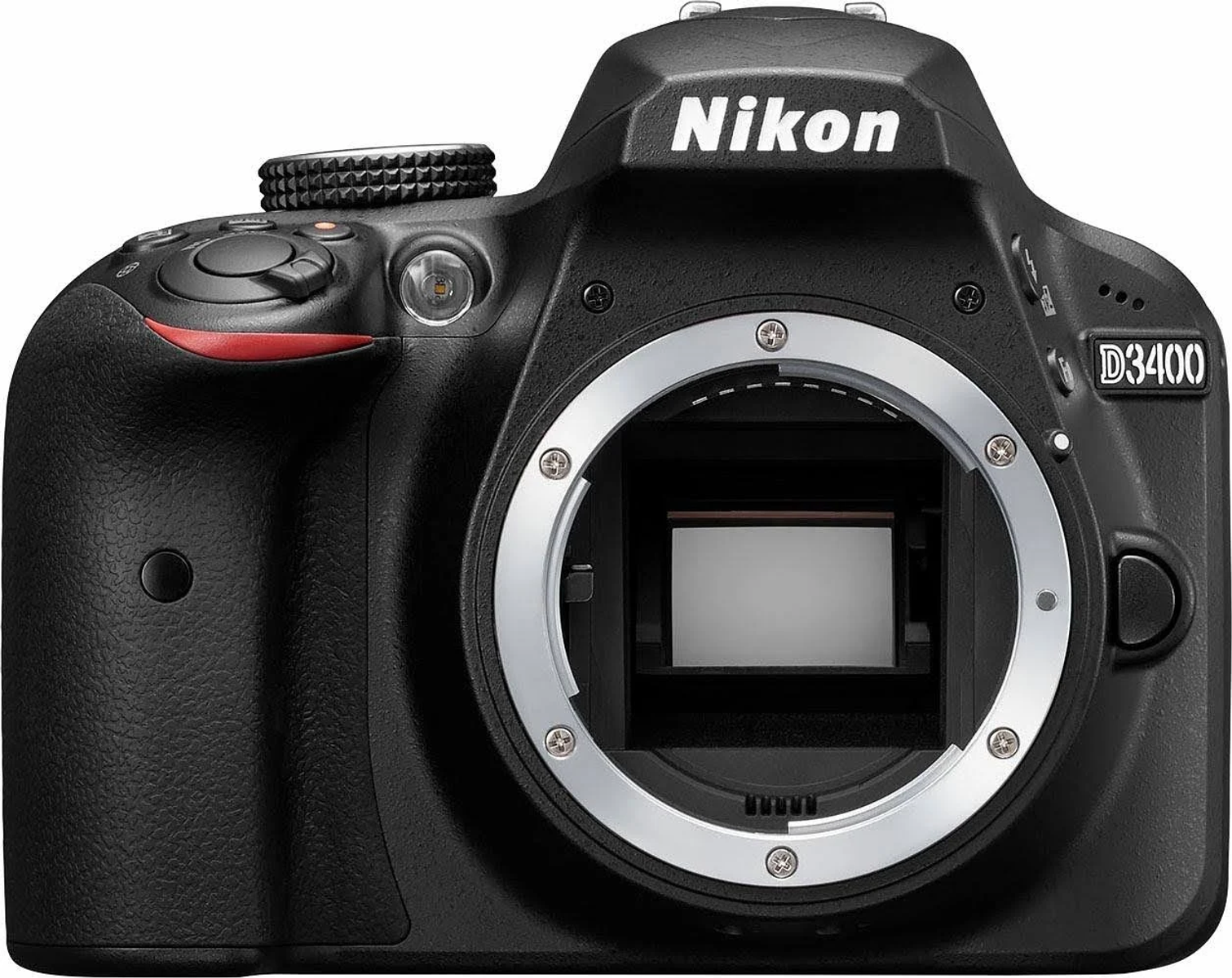 Cámara Nikon D3400 negra, vista frontal. Lente abierta. Logotipo Nikon arriba.