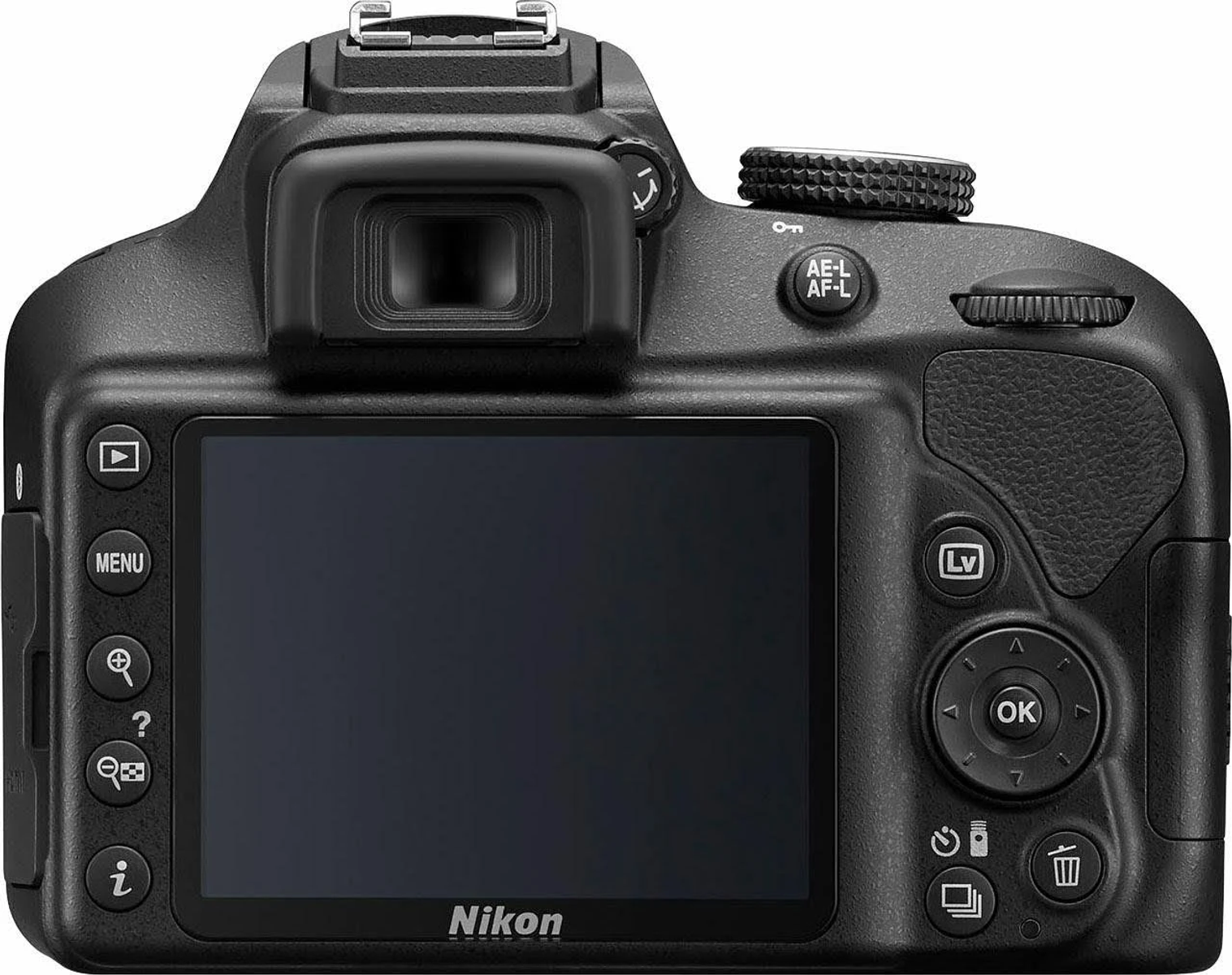 Cámara Nikon negra, vista trasera, con pantalla LCD, botones y dial superior.