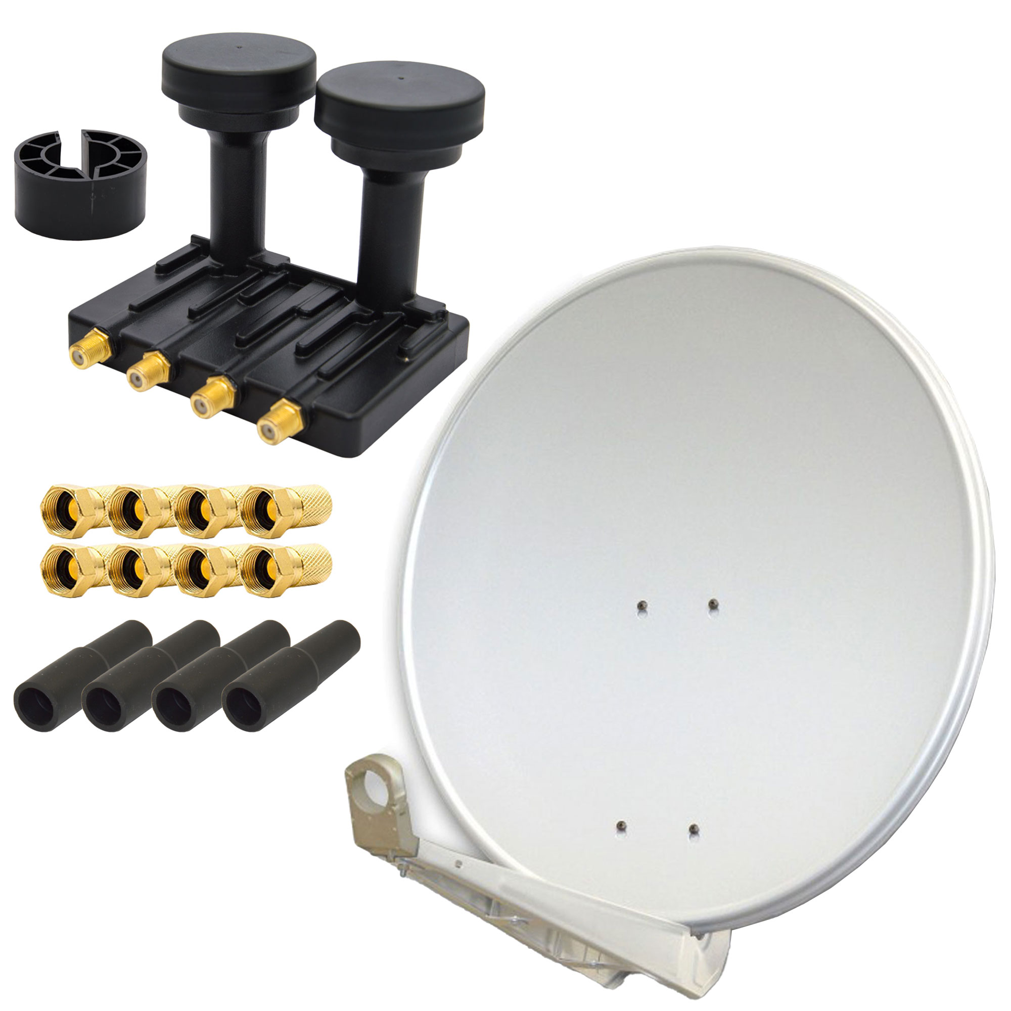 Satellitenschüssel-Kit mit verschiedenen Komponenten. Enthält eine Schüssel, LNBs, Anschlüsse und Montagematerial.