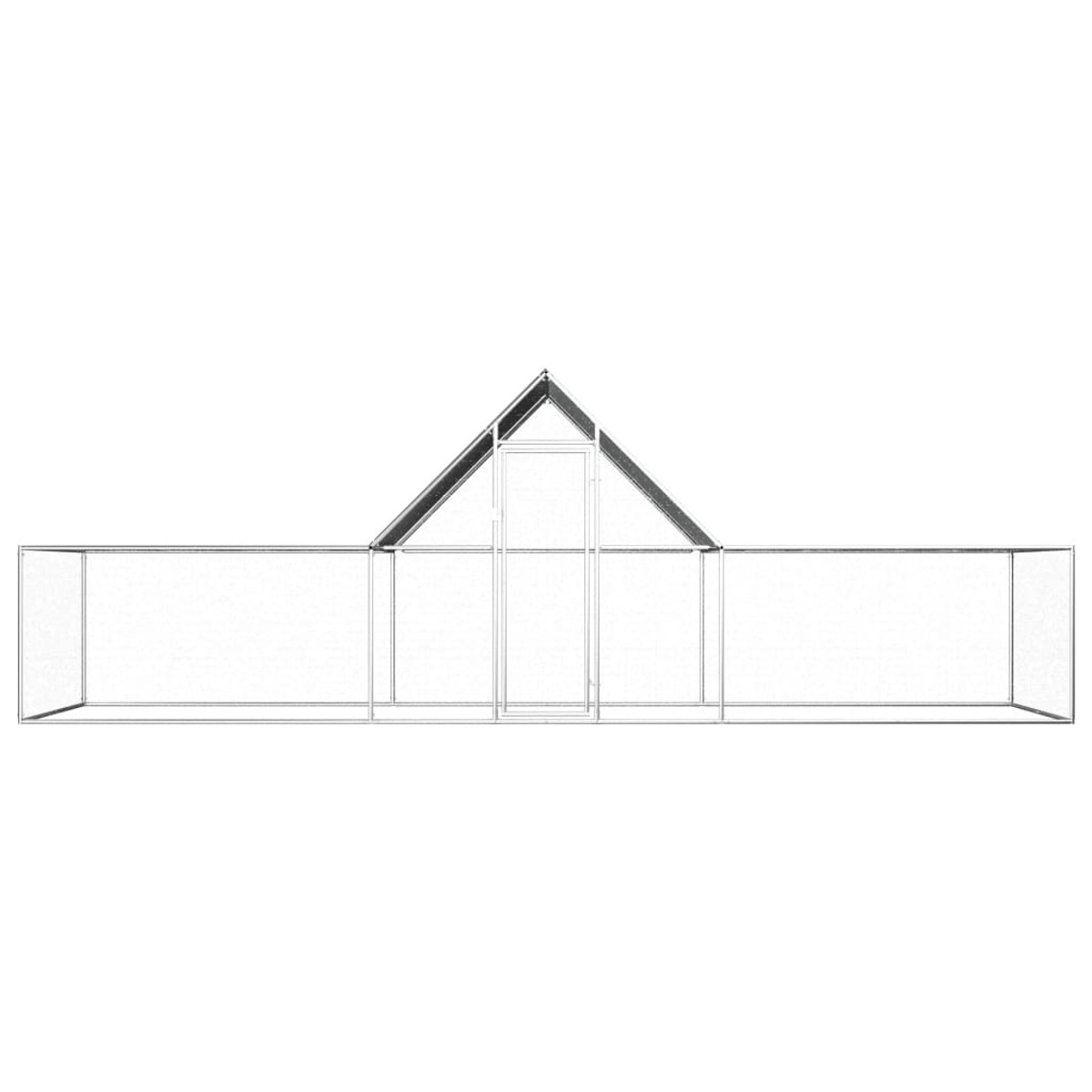 Drahtmodell eines Hühnerstalls von oben, mit dreieckigem Dach und rechteckigen Seitenteilen, alles auf weißem Hintergrund.