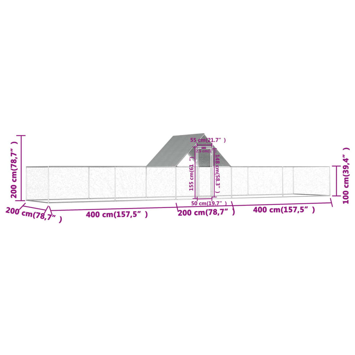 Ein Diagramm zeigt die Abmessungen eines Holzzauns, mit Maßen in cm.