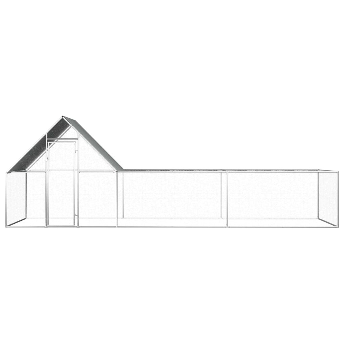 Ein Metall-Hühnerstall mit Haus und langem, eingezäuntem Auslauf, vor weißem Hintergrund.
