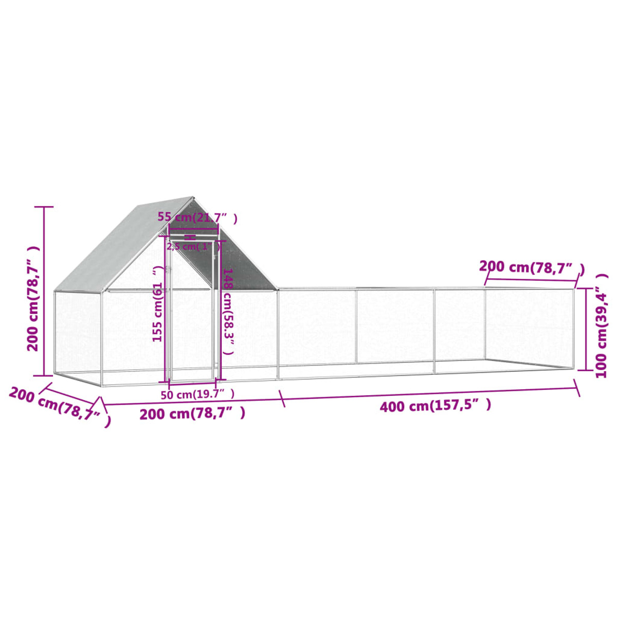 Diagramm eines Hühnerstalls mit Abmessungen in cm. Es ist ein weißer Stall mit grauem Dach.