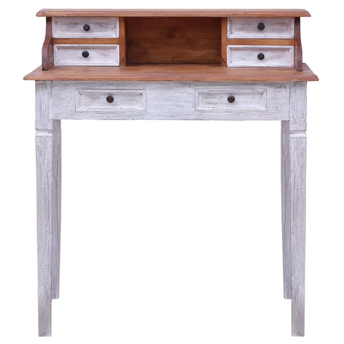 Ein Holzschreibtisch mit weißen und braunen Oberflächen, Schubladen und einem kleinen Schrank.