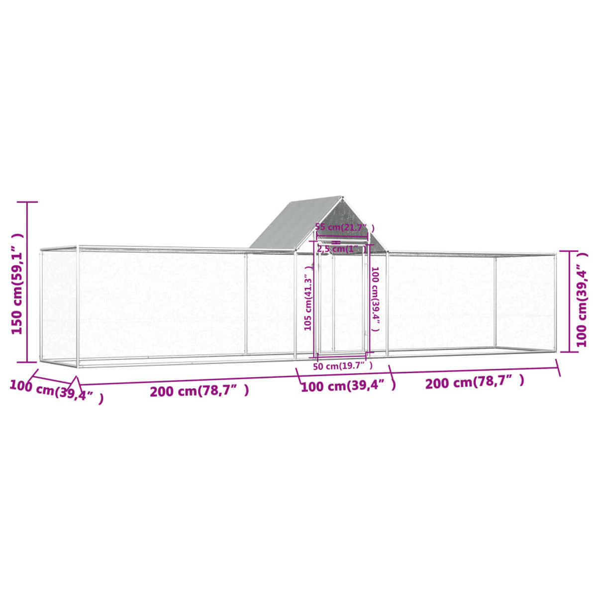 Diagramm eines Hühnerstalls mit Abmessungen in cm. Weißer Stall mit grauem Dach.