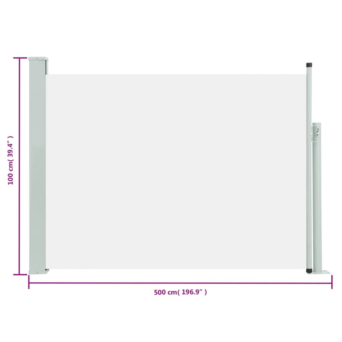 Ausfahrbarer weißer Bildschirm. Abmessungen: 100cm x 500cm. Grauer Rahmen. Weißer Hintergrund.