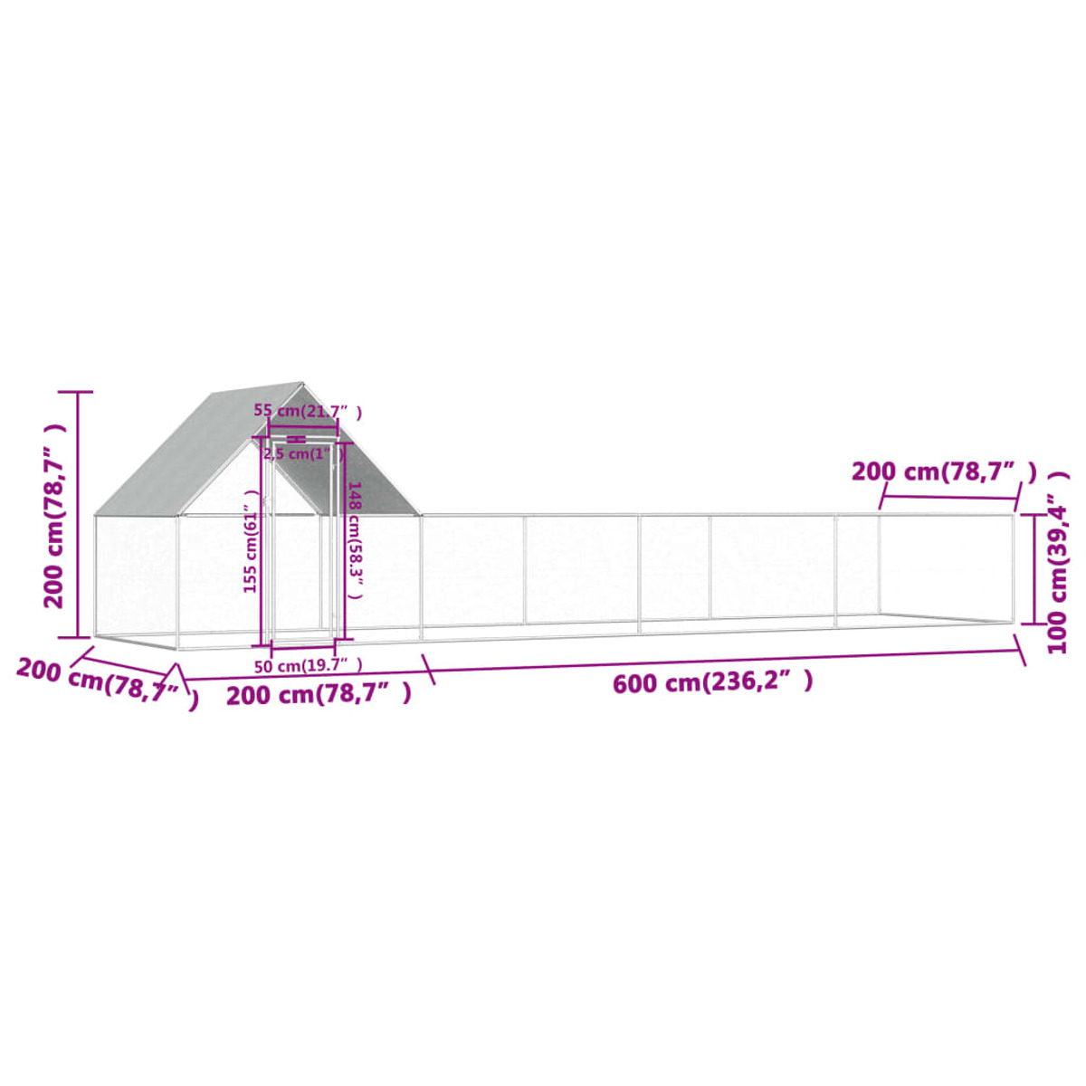 Diagramm eines hölzernen Hühnerstalls mit Abmessungen in Zentimetern. Er ist weiß und grau.